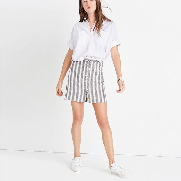 Madewell Dresses & Skirts - Madewell Gray & White Linen Striped Lace Up Skirt 4